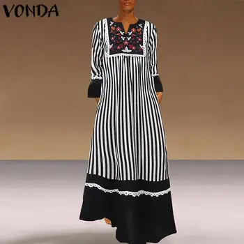 VONDA Moterų Bohemijos Gėlių Spausdinti Suknelė Vintage Dryžuotas Kratinys Šalies Ilga Suknelė Atsitiktinis Skraiste, 2021 M. Rudenį Plus Size Vestidos