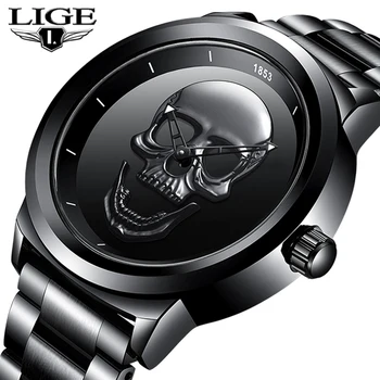 Vyrai 3D Kaukolė Žiūrėti LIGE Top Brand Kvarcas Nerūdijančio Plieno Watchs Vyrų Mados Verslo Vandeniui Kūrybos Laikrodis Relogio masculino