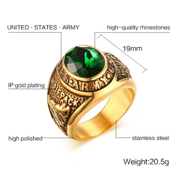 Vyrai Kokybės Žalia Akmens Žiedas Derliaus Aukso Spalvos Nerūdijančio Plieno Žiedas Armijos Žiedas Berniukams