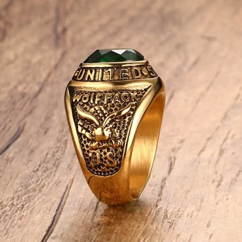 Vyrai Kokybės Žalia Akmens Žiedas Derliaus Aukso Spalvos Nerūdijančio Plieno Žiedas Armijos Žiedas Berniukams