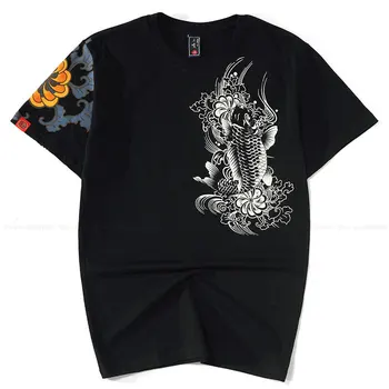 Vyrai Vasarą Kinų Stiliaus Karpis Siuvinėjimo trumpomis Rankovėmis T-shirt Japonijos Harajuku Streetwear Prarasti Palaidinė Mados Atsitiktinis Tee Viršūnės