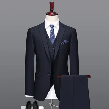 Vyrų kostiumas 70% vilnos tamsiai mėlyna aukštos kokybės formaliojo vieną krūtinėmis vyrų kostiumai, vestuvių 3 gabalus kostiumas 2 vnt prom kostiumai 4xl plius