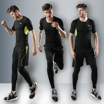 Vyrų sporto suspaudimo tinka gimnastikos triko treniruotės drabužius bėgimo sporto rinkinį veikia tracksuit greitas džiovinimas plius dydis