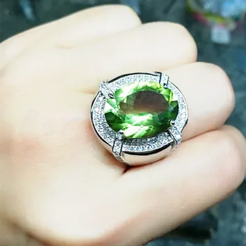 Vyrų žiedas Gamtos nekilnojamojo žalia topazas didelis žiedas Nemokamas pristatymas 925 sterlingas sidabro 12*16mm 13ct didelis akmuo Fine jewelry F8110516