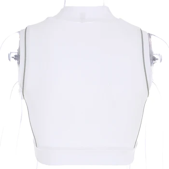 Waatfaak Slim Bodycon White T-shirt Ladies Atspindintis Dryžuotas Raštas Spausdinimo Trumpas Rankovės Marškinėliai, Femme Vasarą Pasėlių Tee Viršų