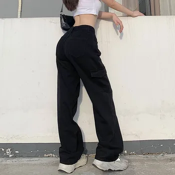 Weekeep Mados Kišenės Kietas Aukšto Juosmens Moterų Džinsus Streetwear 2020 M. Rudenį Krovinių Džinsinio audinio Kelnės Derliaus Tiesiai Harajuku Džinsai
