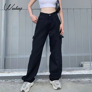 Weekeep Mados Kišenės Kietas Aukšto Juosmens Moterų Džinsus Streetwear 2020 M. Rudenį Krovinių Džinsinio audinio Kelnės Derliaus Tiesiai Harajuku Džinsai