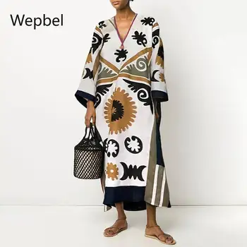 WEPBEL ilgomis Rankovėmis Atspausdintas Suknelės Vasaros Moterų Suknelė Seksualus V-kaklo Plečiama Plius Dydžio Tiesių Prarasti Atsitiktinis Suknelė