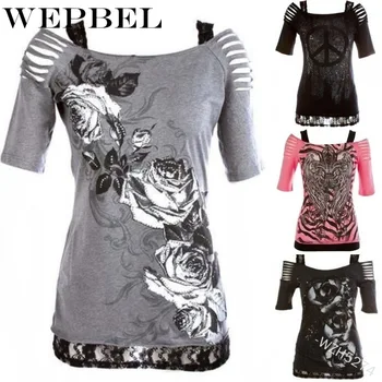 WEPBEL Moterų Atsitiktinis trumparankoviai Velniop Kaklo Slim-Fit marškinėliai Rudenį Tuščiaviduriai Iš Sujungimas Nėrinių Atspausdintas T-shirt Viršūnės
