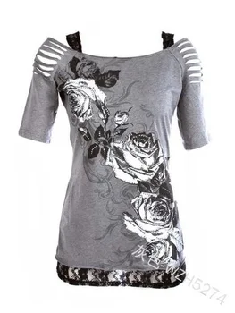 WEPBEL Moterų Atsitiktinis trumparankoviai Velniop Kaklo Slim-Fit marškinėliai Rudenį Tuščiaviduriai Iš Sujungimas Nėrinių Atspausdintas T-shirt Viršūnės