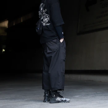 WHYWORKS Mens Hip-Hop Techwear Prarasti Apkarpytos Krovinių Kelnės Samurajus Raišteliu Juostelės Poilsiu Kelnės Streetwear Mados