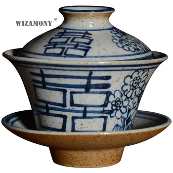 WIZAMONY Jingdezhen Rankomis Dažyti Mėlyna ir Balta su Porceliano Keramikos Antikvariniai xi zi Sancai Tureen Kung Fu Arbatos Arbatos Dubenėlį