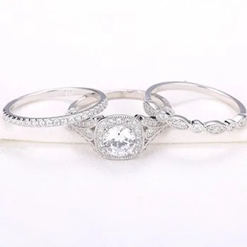 WUKALO Naujas Sidabro Spalvos vestuvinių Žiedų rinkinys 3 1 juostos žiedas Moterų sužadėtuvių ir vestuvių mados juvelyrika