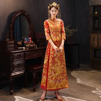 XiuHe Aukštos kokybės Red Kinijos Vestuvių Suknelė Moterų Cheongsam Gold Slim Kinų Tradicinė Suknelė Moterims Qipao už Vestuves