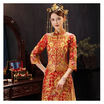 XiuHe Aukštos kokybės Red Kinijos Vestuvių Suknelė Moterų Cheongsam Gold Slim Kinų Tradicinė Suknelė Moterims Qipao už Vestuves