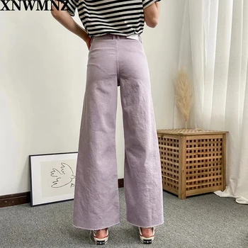 XNWMNZ ZA mados violetinė džinsai moterų pločio kojų džinsinio audinio kelnės kankina kutas nuosėdos aukšto juosmens streetwear