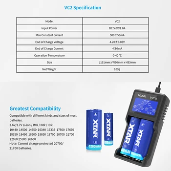 XTAR VC2 Baterijos Kroviklis Išbandyti Realias galimybes LCD Ekranas USB Įkroviklio 10400-26650 Li-Ion Betteries 20700 21700 18650 Įkroviklis