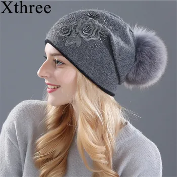 Xthree moterų žiemos skrybėlę Triušio kailio, vilnos megztus skrybėlę moterų audinės kepurės moterims beanies