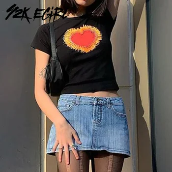 Y2K EGIRL Derliaus O-kaklo trumpomis Rankovėmis Y2K Apkarpyti Viršūnes 90s Streetwear Širdies Modelio Juodos spalvos marškinėliai Saldus Kawaii Komplektus Mados