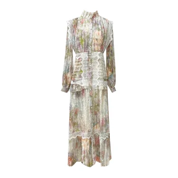 YAMDI siuvinėjimo suknelė prabanga suknelės moterims, derliaus šalis-line boho pavasario vasaros ilgomis rankovėmis 2020 elegantiškas kilimo ir tūpimo tako spausdinti nėriniai