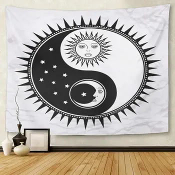 Yin Yang Simbolis Sun Moon Veidus, Žvaigždžių Abstrakčiai Okultizmas ir Mistikas, Pasirašyti Juoda Balta Dvasinio Feng Gobelenas Namų Dekoro Sienos