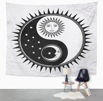 Yin Yang Simbolis Sun Moon Veidus, Žvaigždžių Abstrakčiai Okultizmas ir Mistikas, Pasirašyti Juoda Balta Dvasinio Feng Gobelenas Namų Dekoro Sienos
