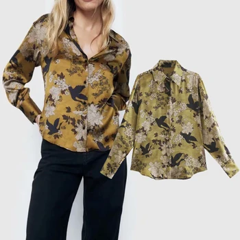 ZA 2020 Nauja Mada Moterims Gėlių spausdinti šifono marškinėliai Pasukite žemyn Apykaklės Palaidinės Ilgos Šifono Rankovės Marškinėliai Atsitiktinis Palaidų Viršūnės