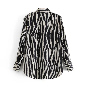ZA 2020 Naujas Mados Moterų Zebra modelis šifono marškinėliai Pasukite žemyn Apykaklės Palaidinukės ilgomis Rankovėmis Šifono Laisvi Marškinėliai atsitiktinis Viršūnės