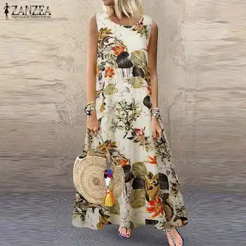 ZANZEA 2021 m. Vasarą Moterys, O Kaklo SleevelessFloral Spausdinti Ilga Suknelė Vintage Sundress Bohemijos Tankai Vestido Paplūdimio Sarafans Skraiste
