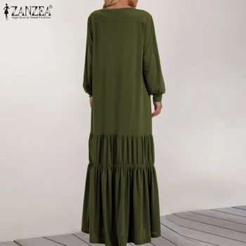 ZANZEA Maxi Ilga Suknelė Moterims 2021 Ponios Pynimas Vestidos Atsitiktinis Sluoksniuotos Rankovėmis Chalatas, Femme, Negabaritinių 5XL Rudenį Kietas Sundress