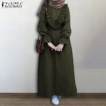 ZANZEA Moterų Rudenį ilgomis Rankovėmis Flounce Sundress Dubajus Abaja Turkija Hijab Mulsim Suknelė Atsitiktinis Šalies Vestido Retro Raukiniai Suknelė