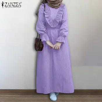 ZANZEA Moterų Rudenį ilgomis Rankovėmis Flounce Sundress Dubajus Abaja Turkija Hijab Mulsim Suknelė Atsitiktinis Šalies Vestido Retro Raukiniai Suknelė
