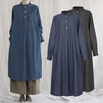 ZANZEA Rudenį ilgomis Rankovėmis Denim Blue Midi Suknelė Vintage Moterų Raukiniai Suknelė Kaftan Retro Kietas Plus Size Vestidos Sundress