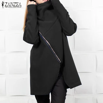 ZANZEA Žiemos Fleece series Paltai Moterims Golfo ilgomis Rankovėmis, Švarkeliai Atsitiktinis Užtrauktukas Kietas Outwear Femme Pagrindinio Striukė