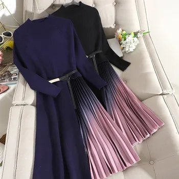 ZAWFL Naujų 2020 m. Elegantiškas Megztas Kratinys Gradientas Rožinė Plisuotos Suknelė Moterims ilgomis Rankovėmis Megztinis Office Midi Suknelė Su Diržu