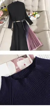 ZAWFL Naujų 2020 m. Elegantiškas Megztas Kratinys Gradientas Rožinė Plisuotos Suknelė Moterims ilgomis Rankovėmis Megztinis Office Midi Suknelė Su Diržu