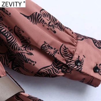 Zevity 2021 Moterų Vintage V Kaklo Gyvūnų Spausdinti PU Varčias Satino Marškinėliai Suknelė, Prašmatnus Moterų Retro Vieną Krūtinėmis Midi Vestido DS4968