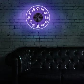 Zodiako Ženklas LED Šviesos Sienos Menas Namų Dekoro Sieninis Laikrodis Su Spalvingas Apšvietimas Švyti Tamsiai Vintage Design Apšviestas Sieninis Laikrodis