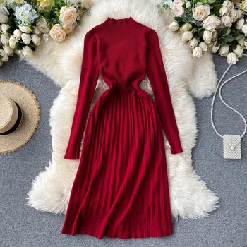 ZOSOL korėjos Stiliaus Rudenį New Jersey Suknelė Golfo ilgomis Rankovėmis Juosmens Hugging Plonas Japonijos Lady Elegantiškas Plisuotos Suknelė