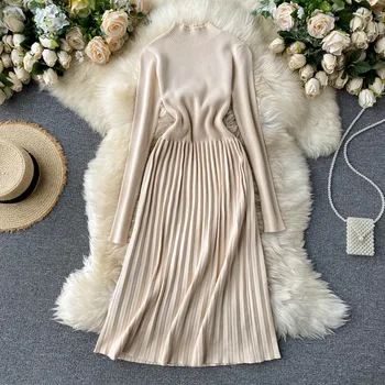 ZOSOL korėjos Stiliaus Rudenį New Jersey Suknelė Golfo ilgomis Rankovėmis Juosmens Hugging Plonas Japonijos Lady Elegantiškas Plisuotos Suknelė