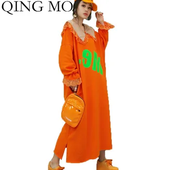 ČING MO Orange Blue Peter Pan Apykaklės Laiškas Spausdinti Ilga Suknelė 2021 Naujausias Moterų Kulkšnies Ilgis Prarasti Suknelė ZQY5769