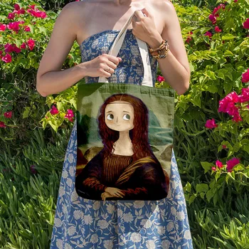 Įdomus Simbolių Moterų Rankinės Klaidingą Mona Lisa Retro Meno Drobė Maišelis Atsitiktinis Kelionės Pirkinių Krepšys Aukštos Kokybės Daugkartinio Naudojimo Pečių Maišą