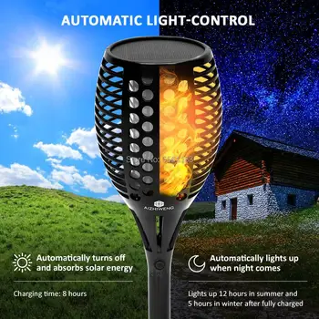 Įkraunamas Saulės energija Varomas LED Liepsnos Lauko Žibintuvėlis, Žibintai (2) | Mirgėjimas Liepsnos Tiki Torch Lempos Poveikis
