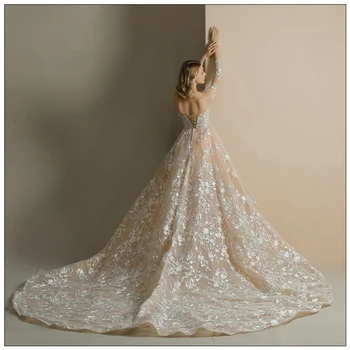 Šampanas ilgomis rankovėmis vestuvių suknelė Vestido de Festa appliques-line suknelė valymo traukinio suknelė nėriniai-up stiliaus kelionių nuotraukų suknelė