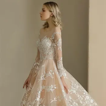 Šampanas ilgomis rankovėmis vestuvių suknelė Vestido de Festa appliques-line suknelė valymo traukinio suknelė nėriniai-up stiliaus kelionių nuotraukų suknelė
