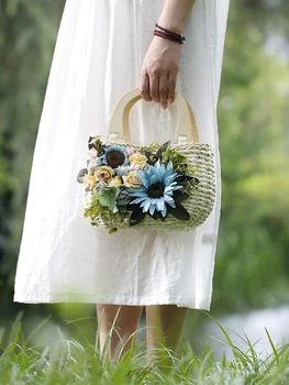 Šiaudų Maišą Moteris Medinė rankena Rankinukas nedidelis Paplūdimys totalizator krepšiai moterų Kelionės Paplūdimio Krepšys 2019 naujas Rankų darbo gėlių audiniai krepšys