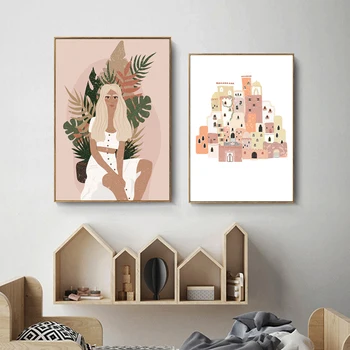 Šiaurės plakatas abstraktus, mada, retro mergina tigras augalų sienos meno aliejaus tapybai ir spausdinimo kambarį J namų puošybai sienos pict