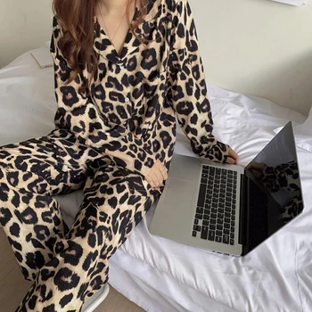 Šilko Pižama Moterims Mielas Leopardas Namų Drabužiai Moterims Sleepwear Nightie moteriškų Drabužių Pavasario Vasaros 2020 Pyjama Femme