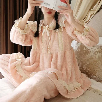 Šiltas Derliaus Tirštėti Flanelė Moterų Pižama Rinkiniai Elegantiškas Nėrinių ilgomis Rankovėmis Sleepwear Tinka Žiemą, Rudenį, Saldus Viršūnių Pižamos