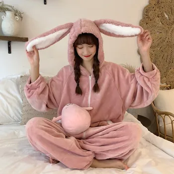 Šiltas Onepiece Gobtuvu Katytė Pajama Jumpsuit Moterų Animacinių Filmų Gyvūnų Ausų Onesie Cosplay Sleepwear Suaugusiųjų Pink Rabbit Pižama, Chalatas